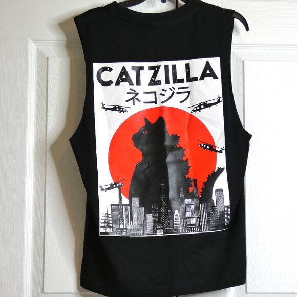 Catzilla TShirt Adult Sz S Cotton Black Japan Graphics Godzilla Muscle No Sleeve - Picture 1 of 6